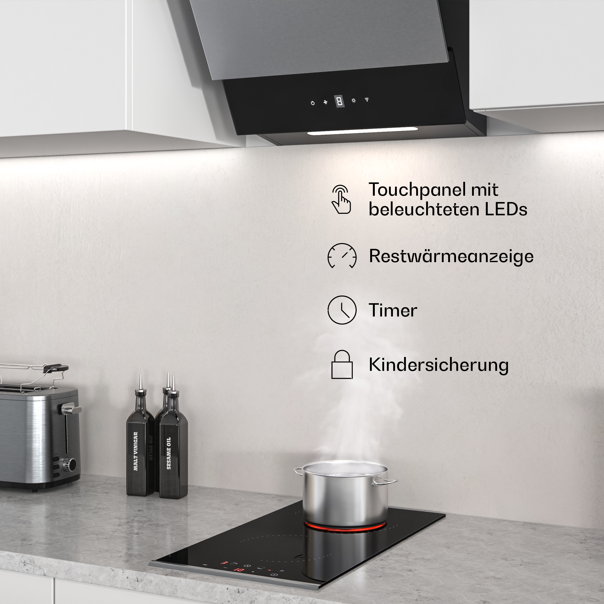 Küchenszene mit Dunstabzugshaube, Topf auf dem Herd, Toaster und Ölflaschen. Merkmale sind Touchpanel und Restwärmeanzeige.