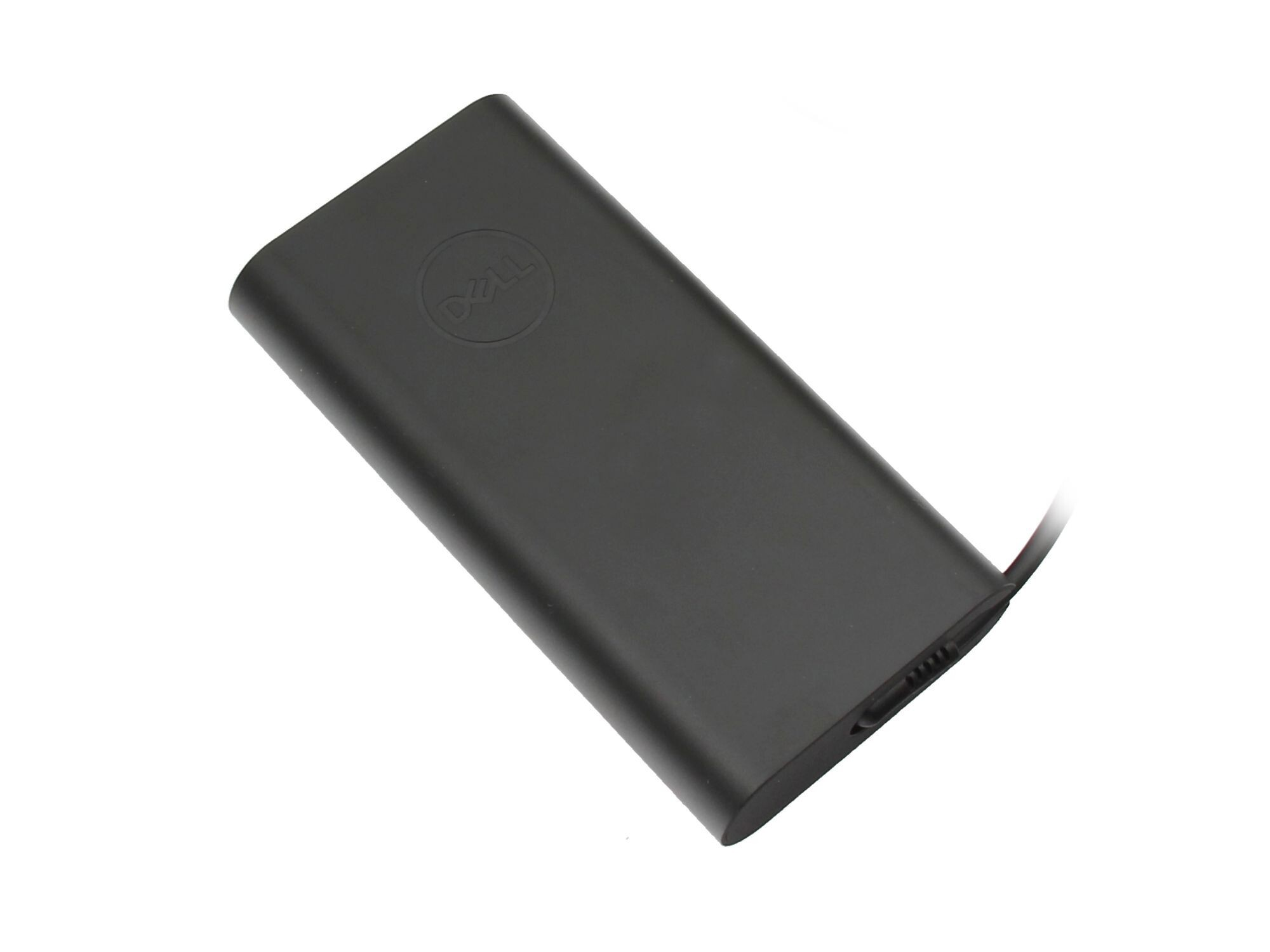 Ein schwarzes Dell-Laptop-Ladegerät auf weißem Hintergrund. Das Dell-Logo ist auf der Oberseite zu sehen.