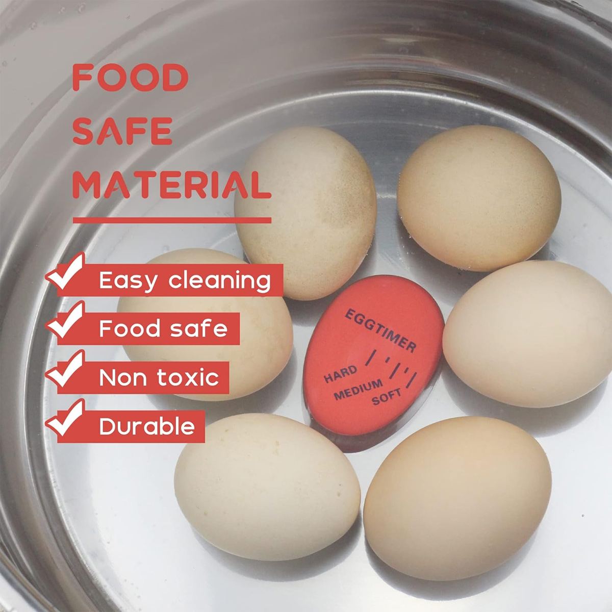 Eier in einem Topf mit Eieruhr. Auf der linken Seite steht 'Lebensmittelsicheres Material' mit Häkchen für 'Leichte Reinigung', 'Lebensmittelsicher' usw.
