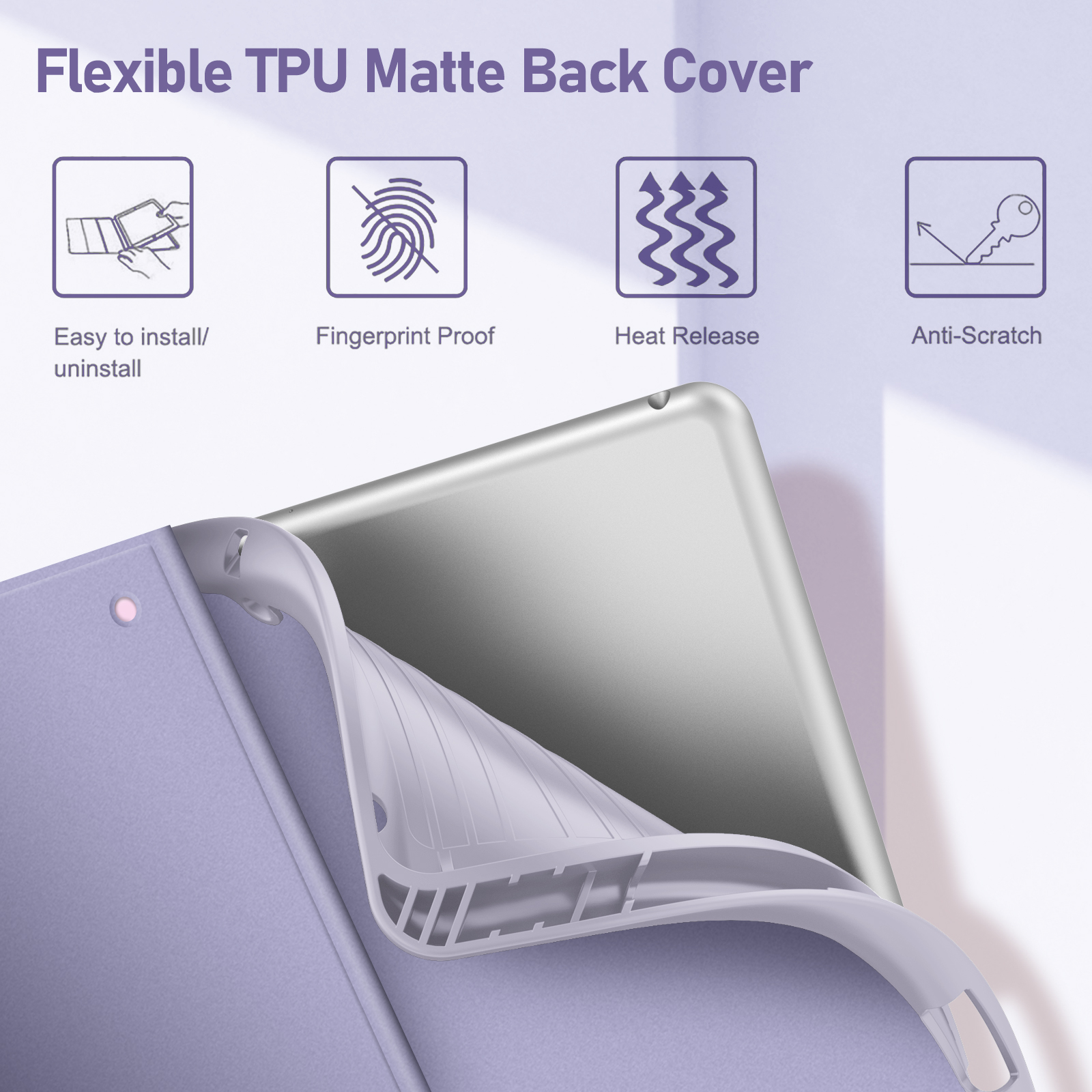 Ein Tablet mit blauem TPU-Matte-Rückcover. Symbole zeigen Funktionen: einfache Installation, Fingerabdruckschutz, Wärmeableitung und Anti-Kratz.