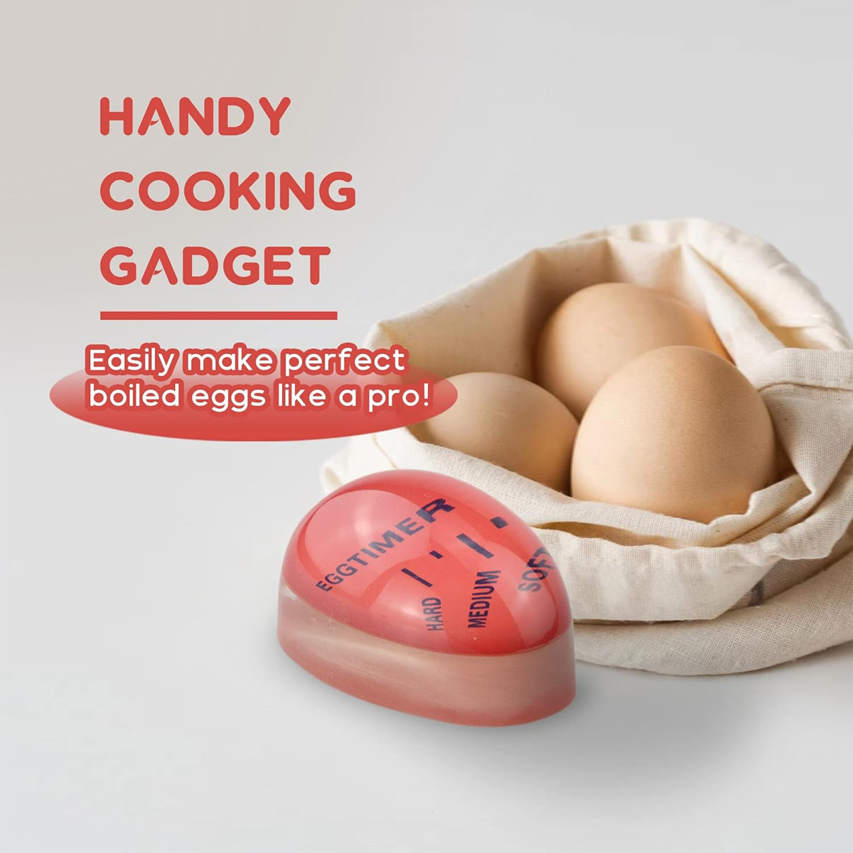 Das Bild zeigt einen Eierkocher, drei Eier in einer Tasche und den Text 'Handy Cooking Gadget' und 'Easily make perfect boiled eggs'.