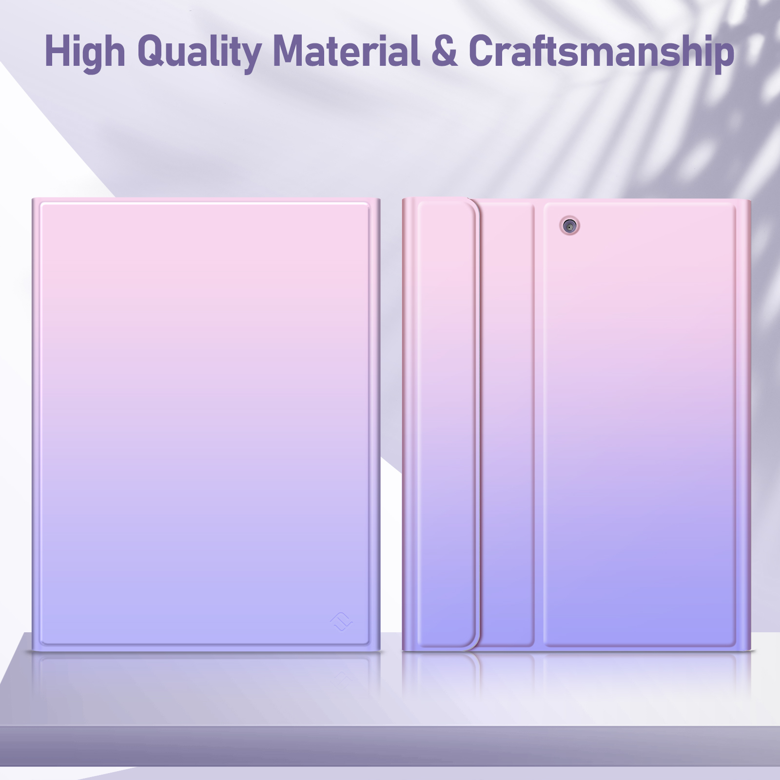 Zwei Tablet-Hüllen, eine offen, mit Farbverlauf von Pink nach Lila. Sie stehen auf einer weißen Oberfläche, mit dem Text 'High Quality Material & Craftsmanship'.