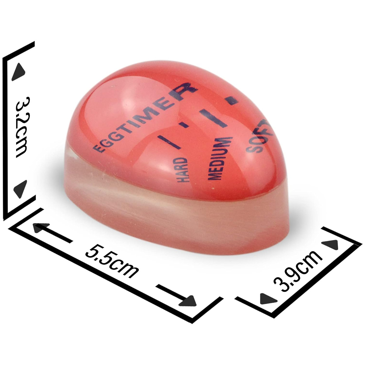 Ein roter Eieruhr mit der Aufschrift 'EIERUHR' und den Einstellungen 'HART', 'MITTEL' und 'WEICH'. Abmessungen: 5,5 cm x 3,9 cm x 3,2 cm.