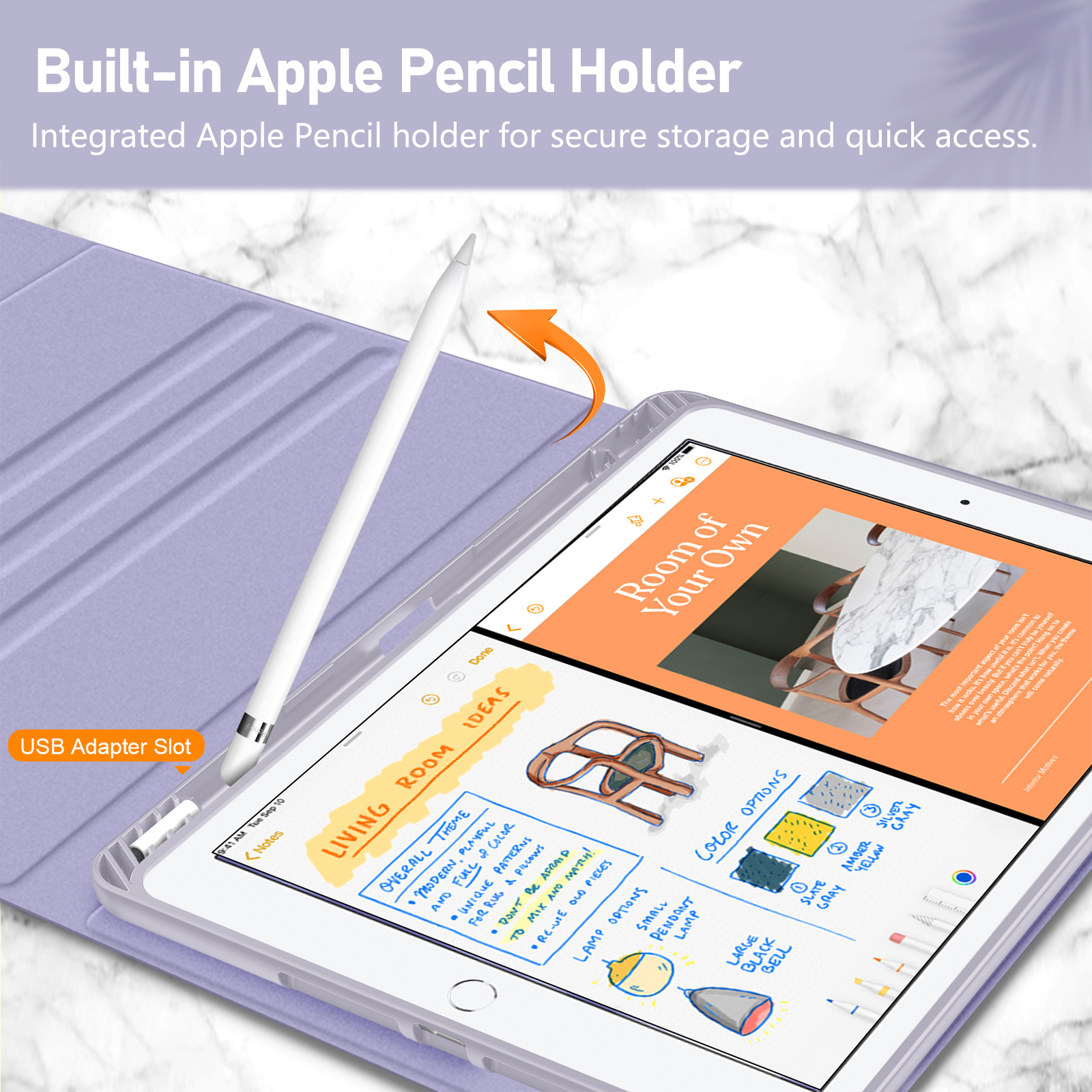 Ein iPad mit Stift, geöffnet für Designideen. Der Bildschirm zeigt einen Raumplan mit Farboptionen und Notizen.