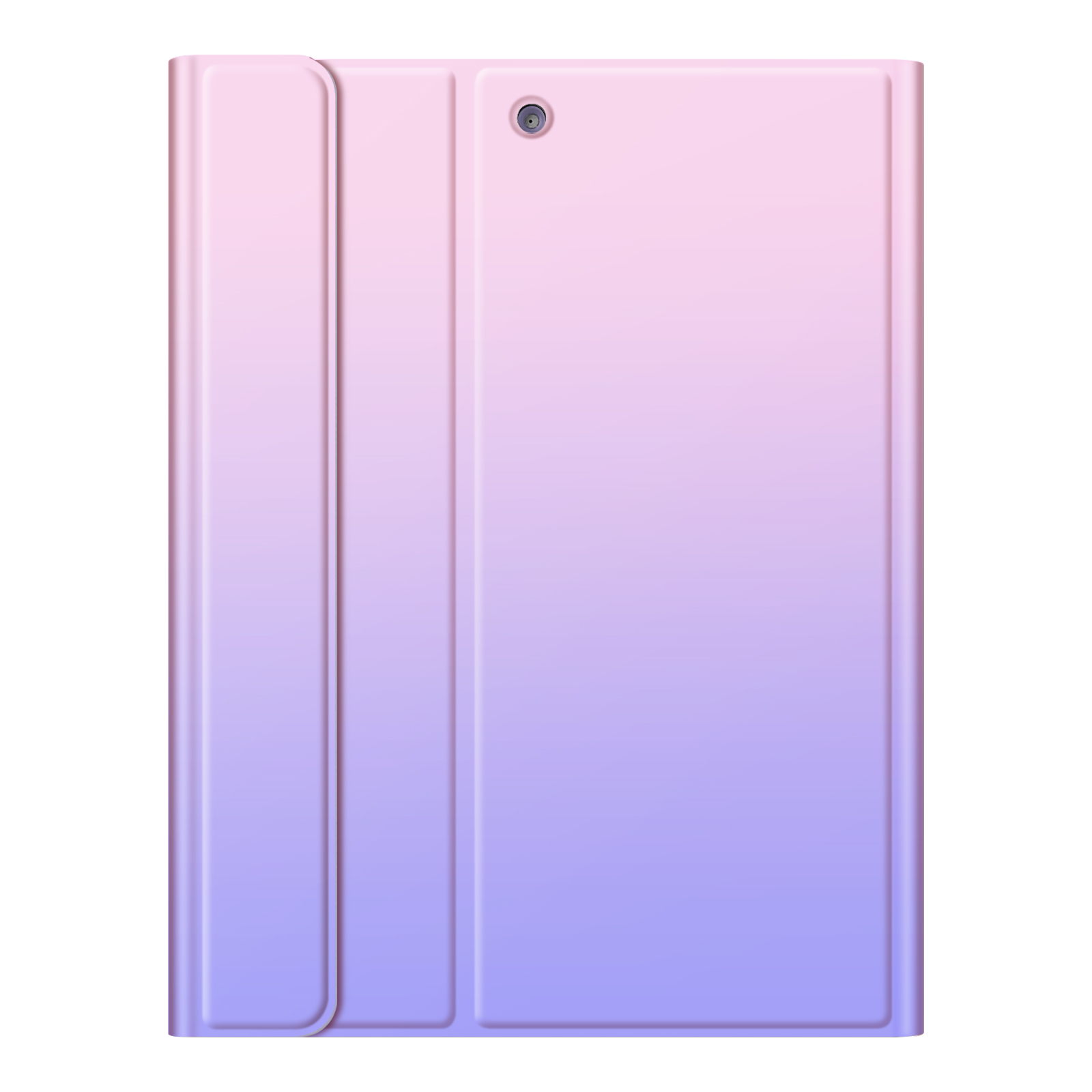Eine lila Tablet-Hülle mit einem Kameraobjektiv oben rechts. Die Hülle hat eine Farbverlauf von rosa nach lila.