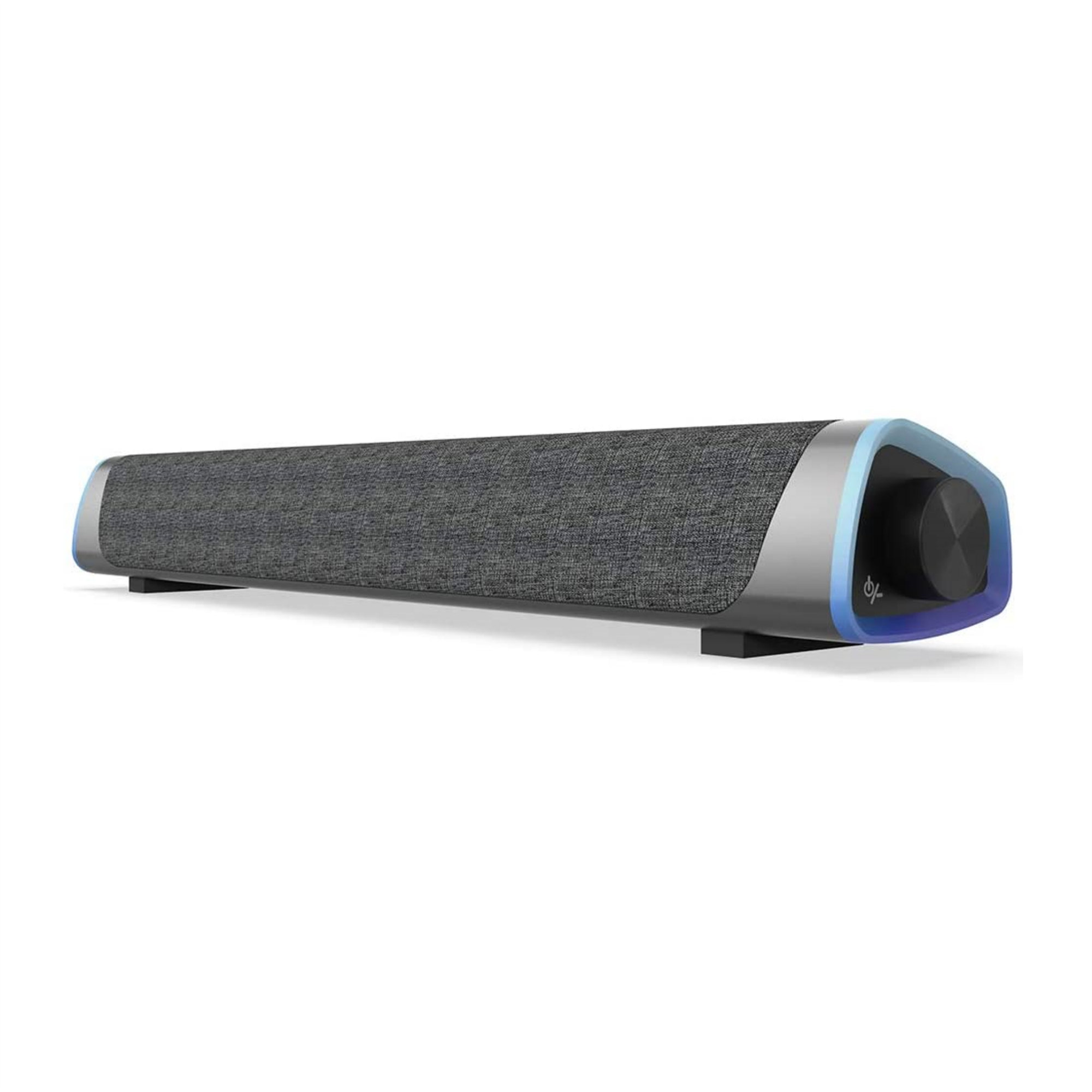 Eine Soundbar mit grauem Stoffbezug, silbernen Enden, schwarzem Sockel und Lautstärkeregler. Die Enden sind blau beleuchtet.