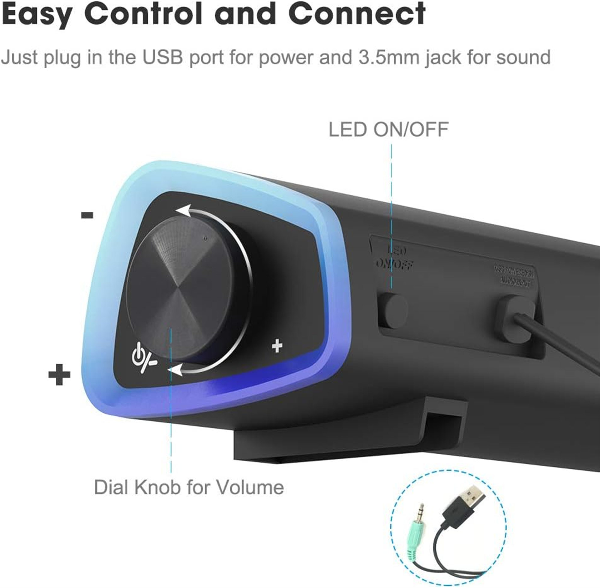Schwarze Soundbar mit Lautstärkeregler, LED und Eingangsanschlüssen. USB- und Audioanschluss. Blaue Lichtakzente.