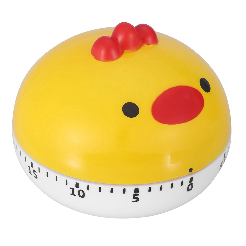 Ein gelber, kükenförmiger Küchentimer mit rotem Kamm und Schnabel. Er hat schwarze Augen und eine weiße Basis mit Zahlen für den Timer.