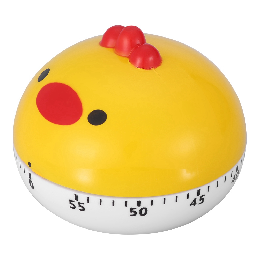 Ein gelber Küchenwecker in Form eines Küken mit roten Akzenten und weißer Basis. Er hat ein Zifferblatt mit Zahlen.