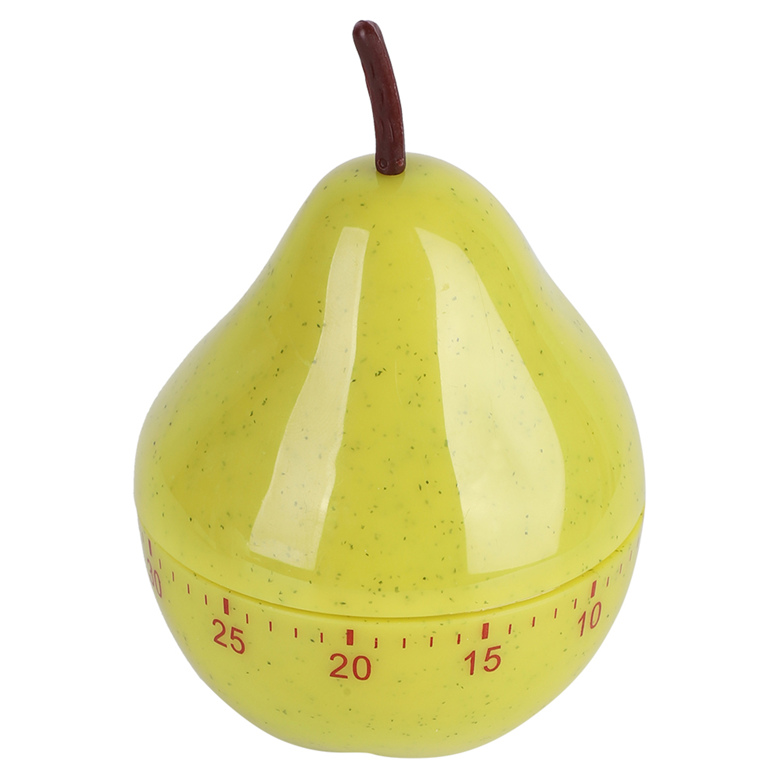 Ein birnenförmiger Küchentimer. Er ist gelb mit einem braunen Stiel. Zahlen markieren den Timer.