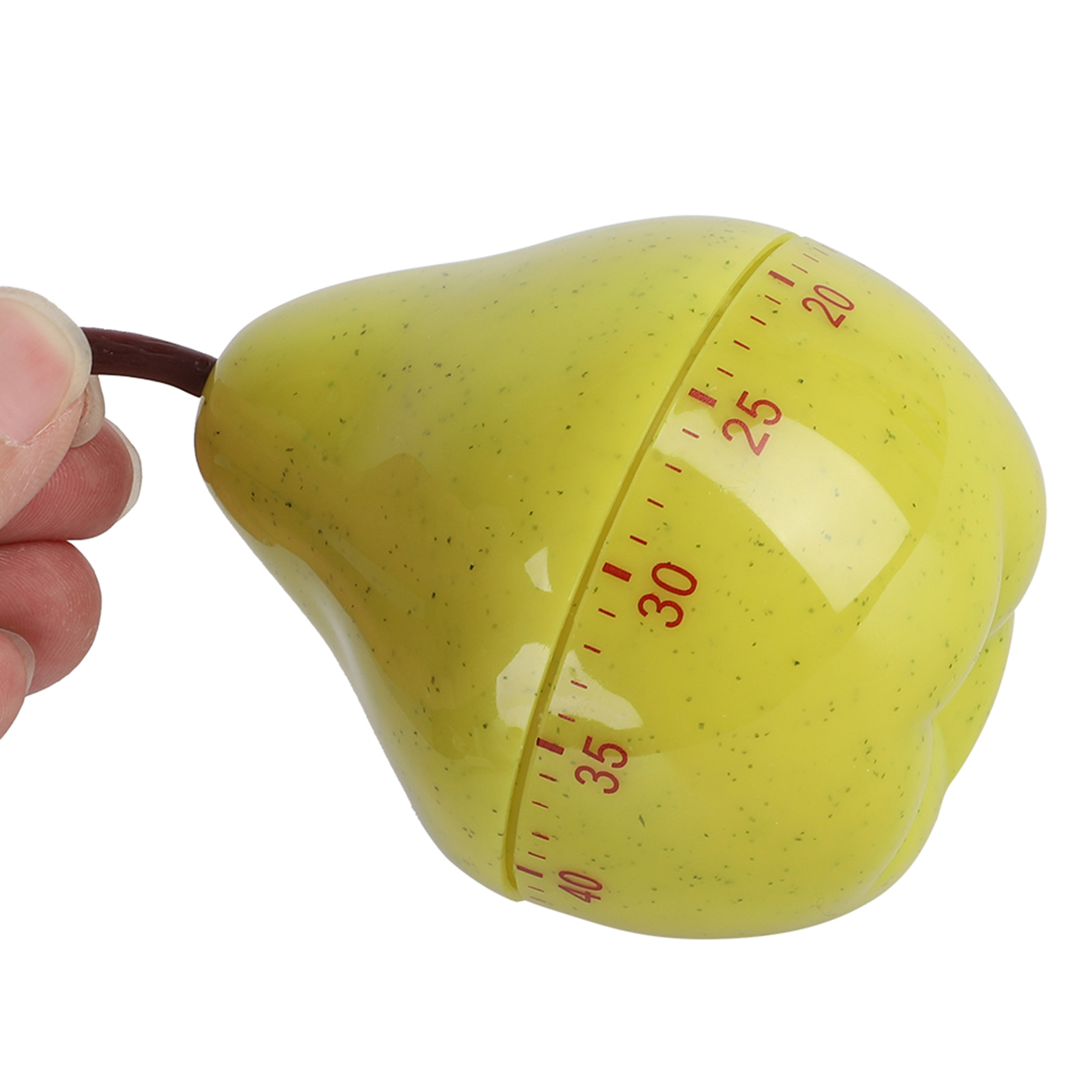 Ein gelber, birnenförmiger Küchentimer wird von einer Hand gehalten. Der Timer hat rote Zahlen und einen braunen Stiel.