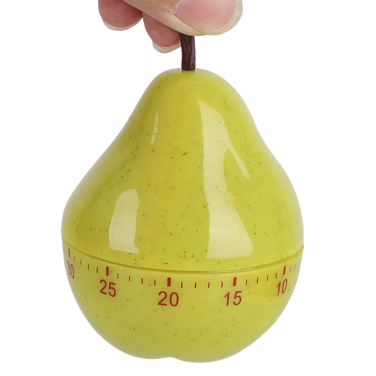 Ein birnenförmiger Küchentimer, gehalten von einer Hand. Er ist gelb mit roten Zahlen, die Minuten anzeigen. Der Hintergrund ist weiß.