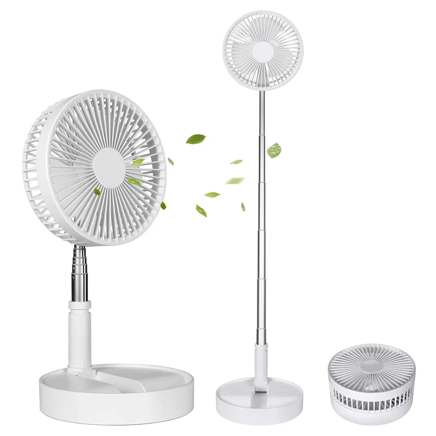 Tre ventilatori bianchi, uno piegato, uno verticale, uno piccolo. Foglie verdi suggeriscono flusso d'aria. Tutto su sfondo bianco.