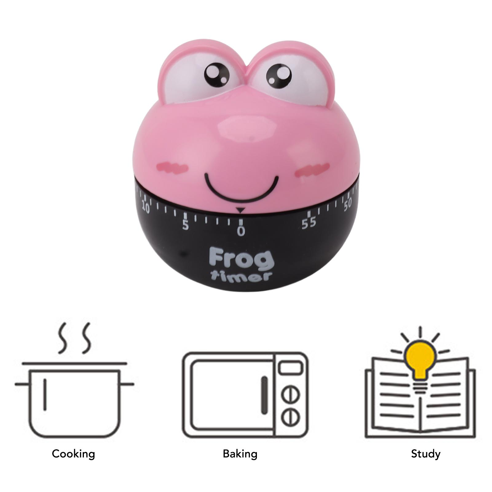 Ein rosa froschförmiger Küchentimer mit schwarzer Basis, zusammen mit Symbolen für Kochen, Backen und Lernen.
