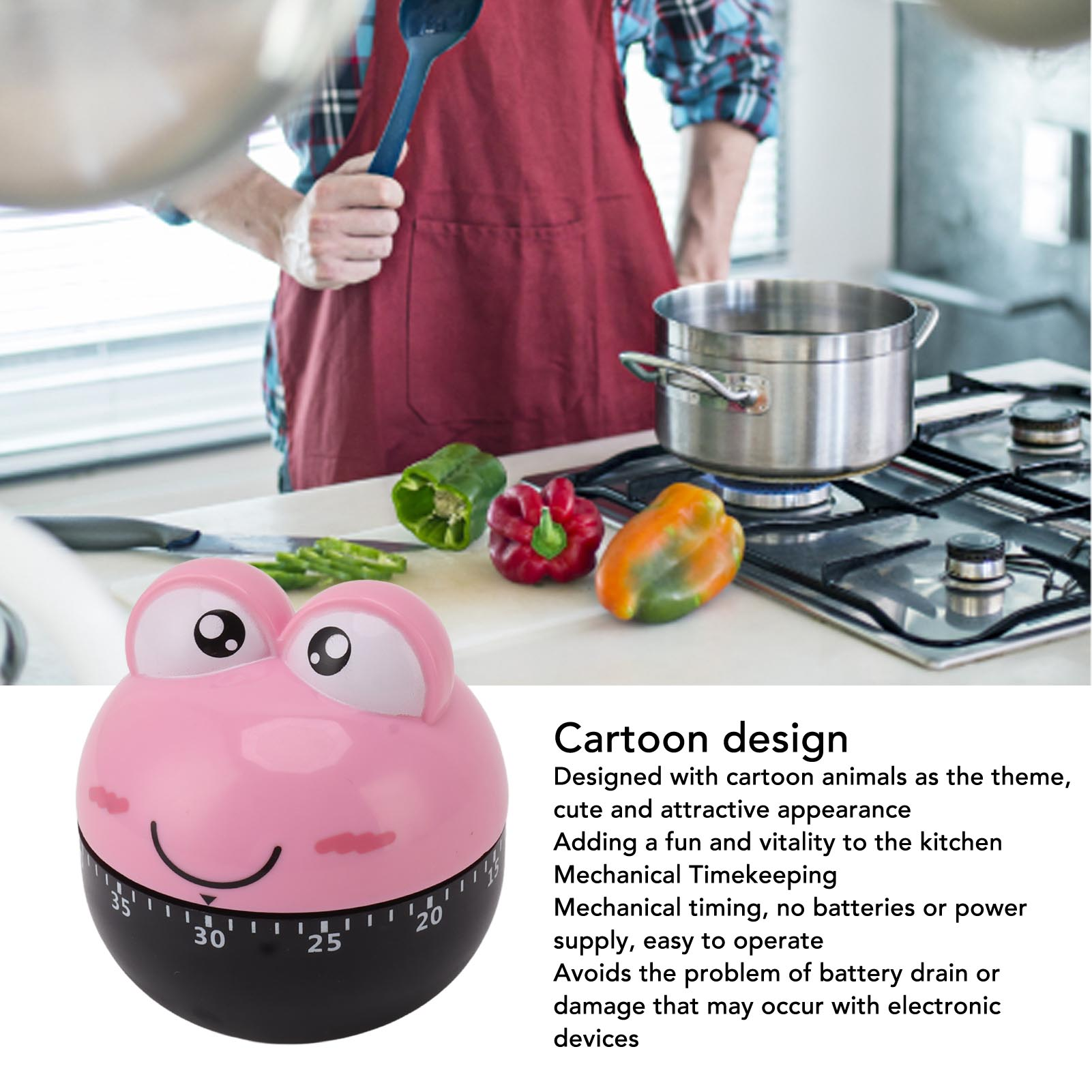 Ein rosa Frosch-Timer auf schwarzem Sockel mit Zeitleiste im Vordergrund. Im Hintergrund kocht eine Person mit Gemüse.
