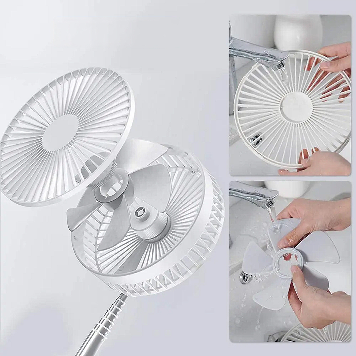 Un ventilatore portatile bianco è mostrato in parti. Le mani puliscono i componenti del ventilatore, con l'acqua che scorre. Il ventilatore è su sfondo bianco.