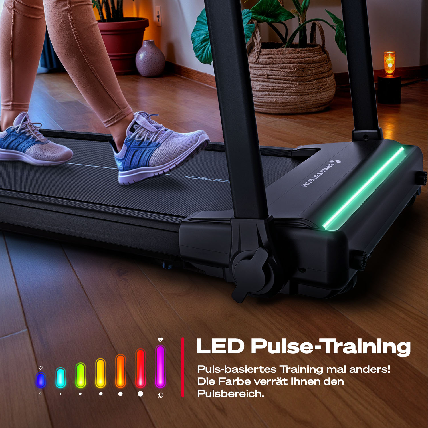 Person auf einem Laufband mit LED-Leuchten. Die Person trägt Turnschuhe. Im Hintergrund sind Pflanzen.