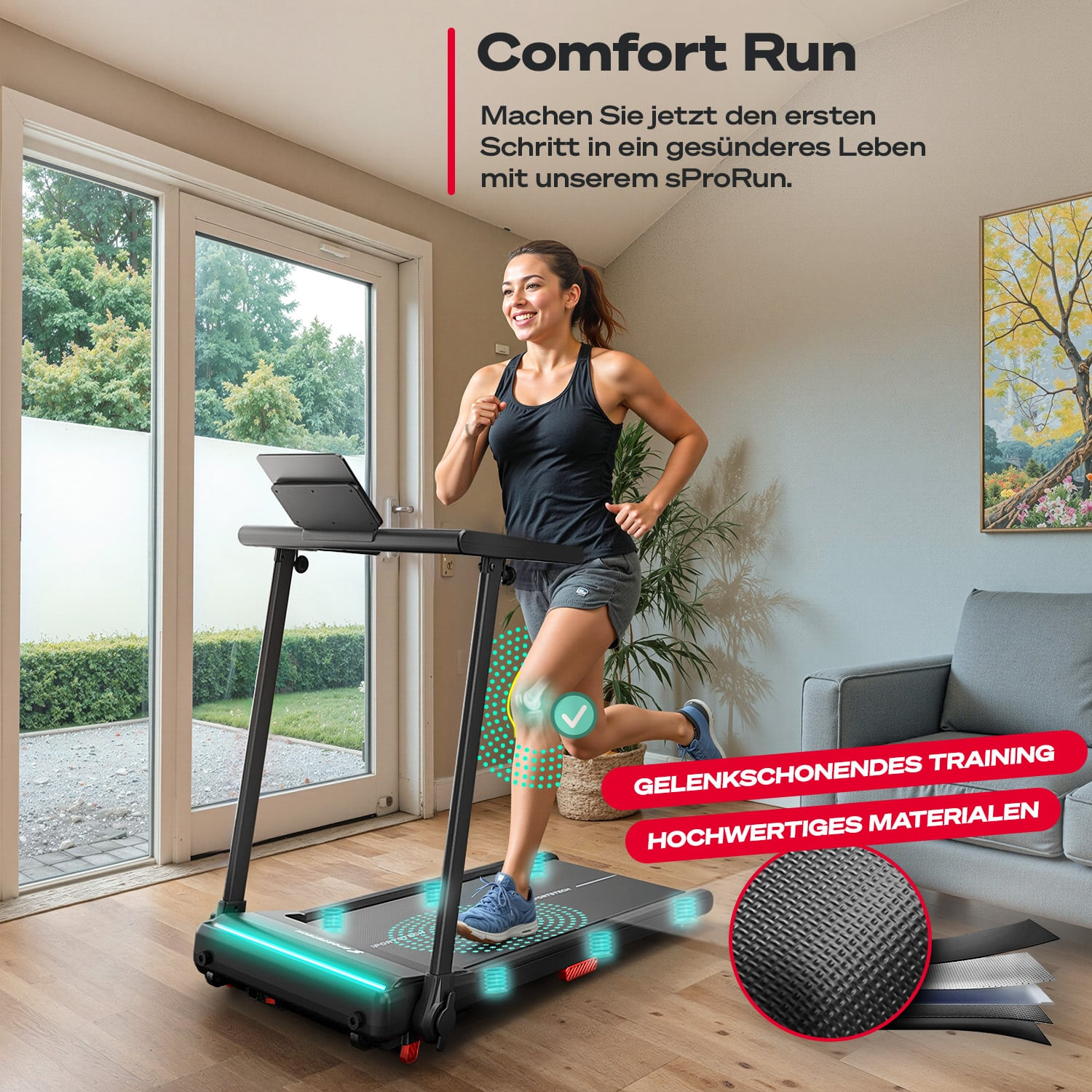 Frau, die drinnen auf einem Laufband läuft. Das Laufband ist schwarz mit grünen Lichtern. Der Hintergrund hat ein Fenster, ein Gemälde und eine Couch.