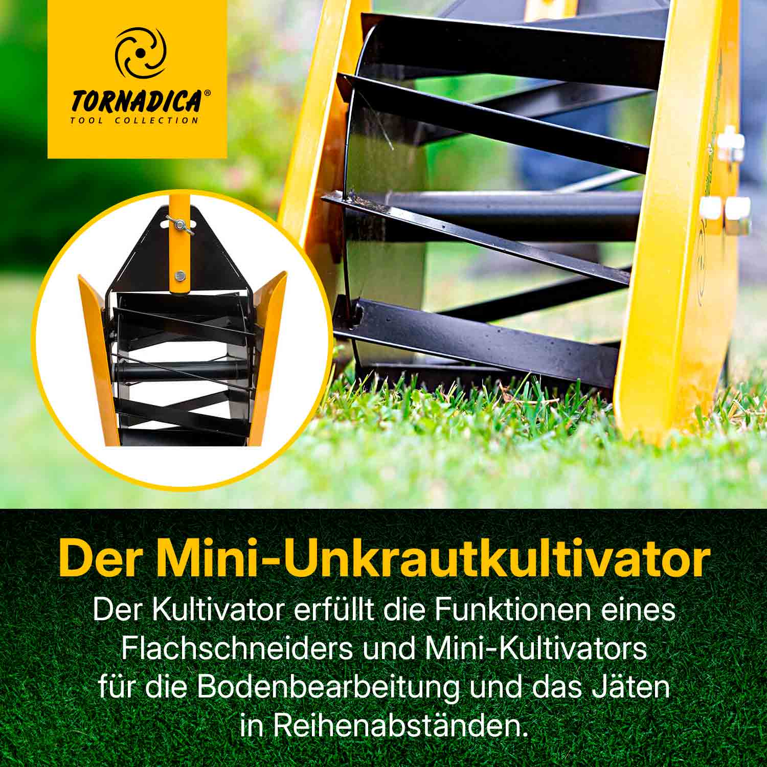 Ein gelb-schwarzer Mini-Unkrautkultivator. Das Bild zeigt das Werkzeug im Gras, mit Text und Logo in der oberen linken Ecke.