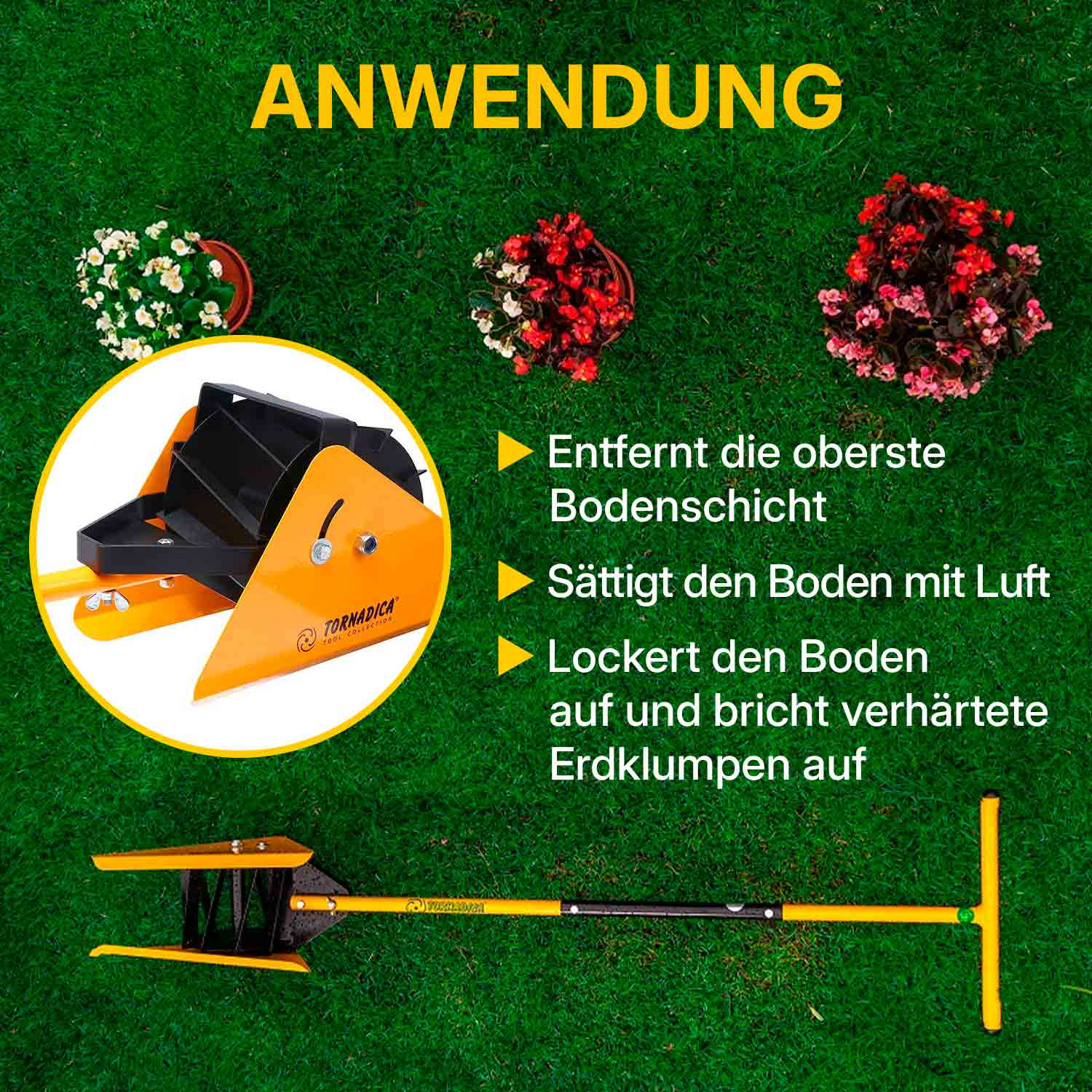 Werbung zeigt Gartengeräte, Blumentöpfe und Text zur Belüftung und Auflockerung des Bodens.