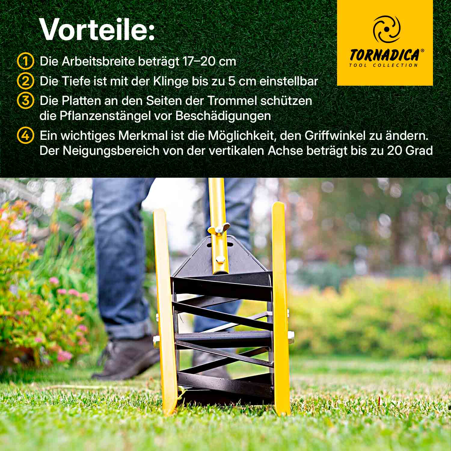 Ein gelbes und schwarzes Gartengerät auf grünem Gras. Eine Person steht dahinter. Text auf Deutsch befindet sich oben links.