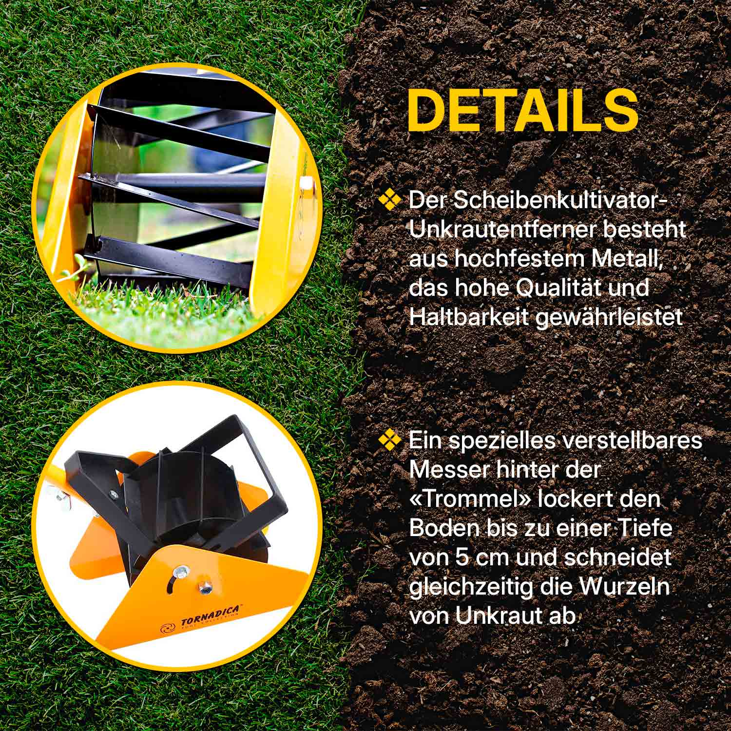 Ein orangefarbenes und schwarzes Unkrautbekämpfungswerkzeug auf Gras. Detailtext auf Erdhintergrund. Das Werkzeug besteht aus Metall und hat Klingen.