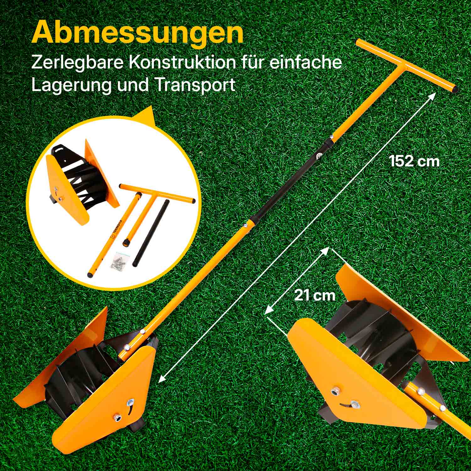 Ein orangefarbenes und schwarzes Gartengerät auf Gras. Es hat einen T-Griff, eine lange Stange und eine Grabklinge. Abmessungen werden angezeigt.