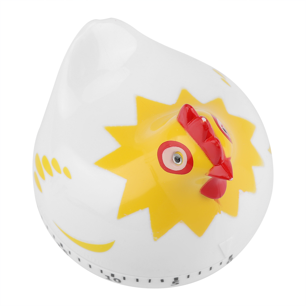 Ein weißer, eiförmiger Küchentimer mit einem gelben Hühnerdesign. Er hat einen roten Kamm und Schnabel. Die Zeitskala befindet sich unten.