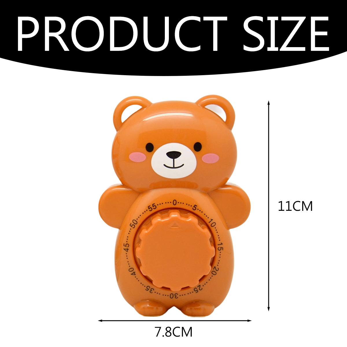 Ein orangefarbener, bärenförmiger Küchentimer. Er hat ein Zifferblatt mit Zahlen, die Abmessungen sind 7,8 cm breit und 11 cm hoch. Es zeigt die Produktgröße.
