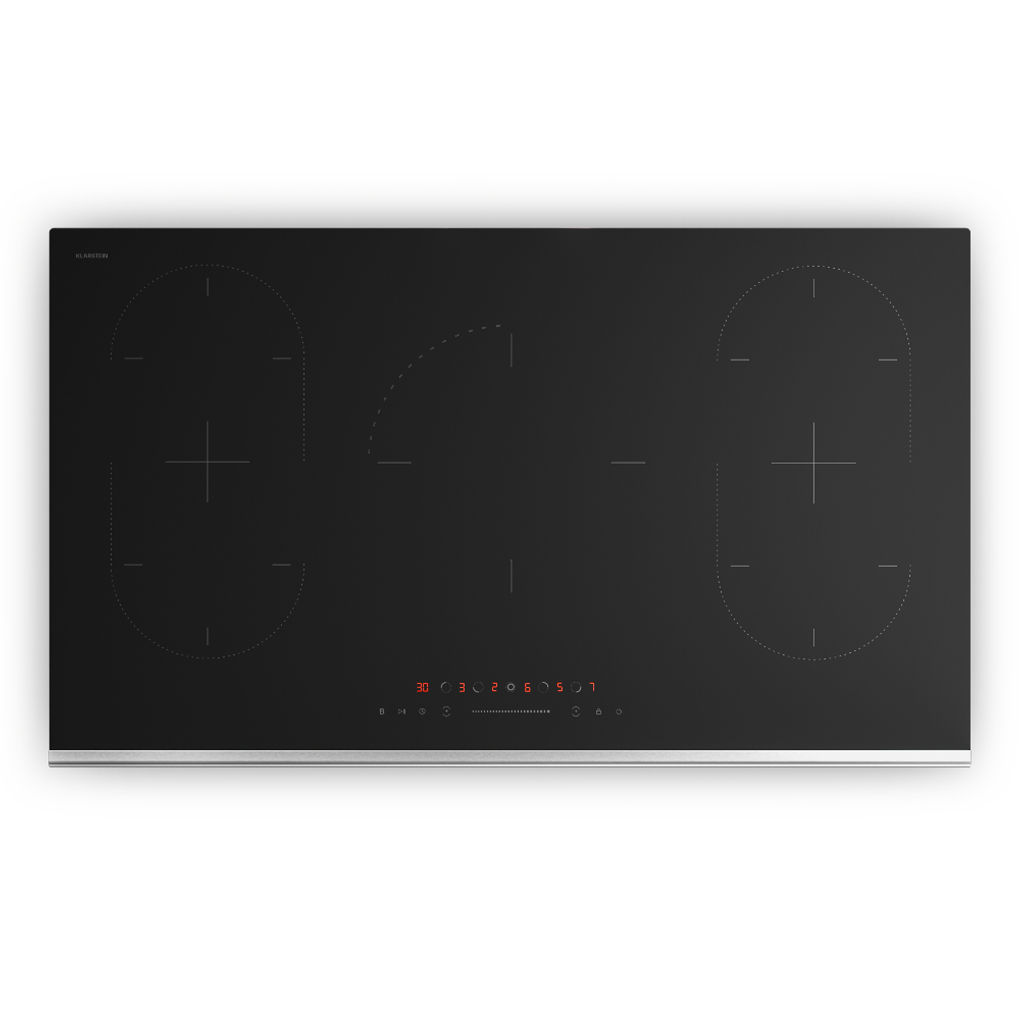 Placa de inducción negra con cuatro zonas de cocción. Tiene una pantalla digital y controles táctiles, con marco plateado.