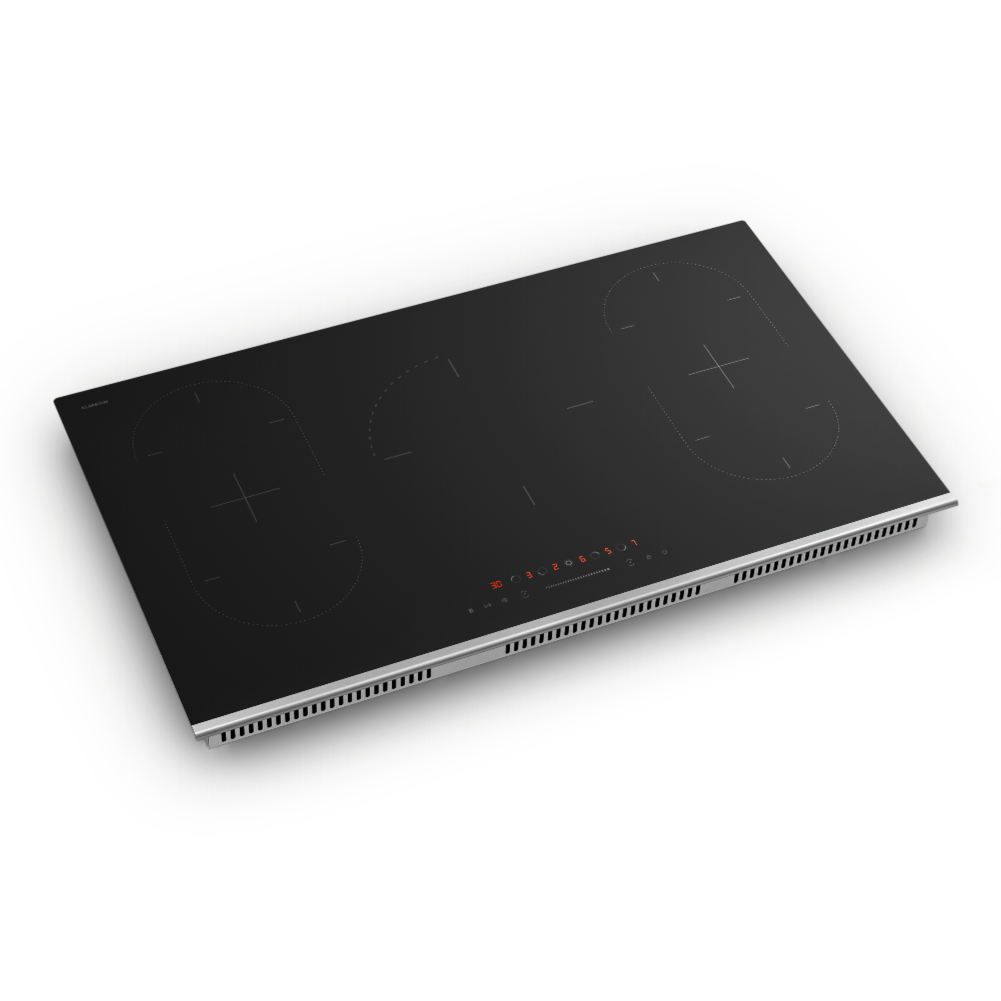Una placa de inducción negra con cuatro quemadores, borde plateado y pantalla digital roja sobre fondo blanco.