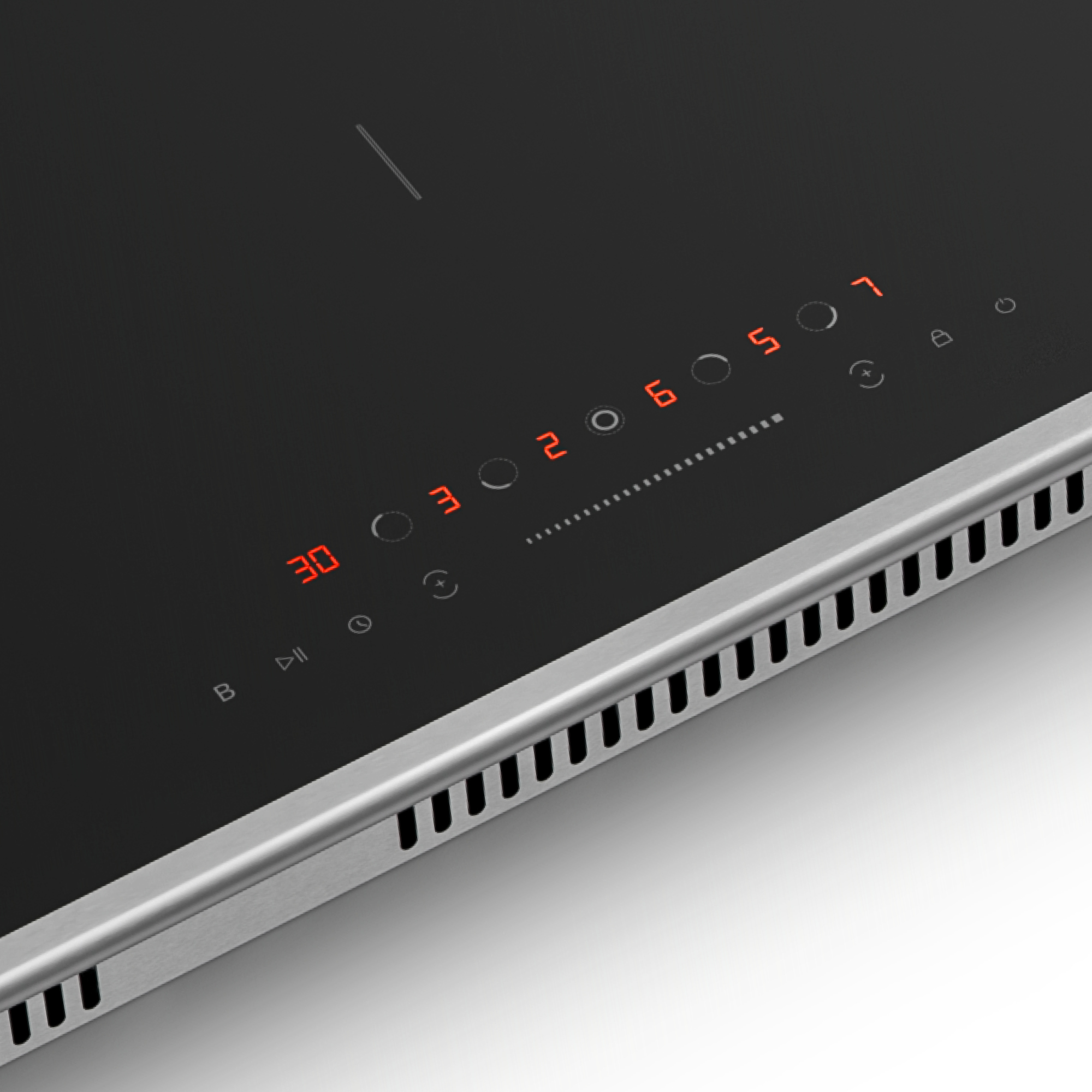 Encimera de vidrio negro con pantalla digital roja. Números 30, 3, 2, 6, 5 y 7 encendidos. Borde plateado con ventilación.