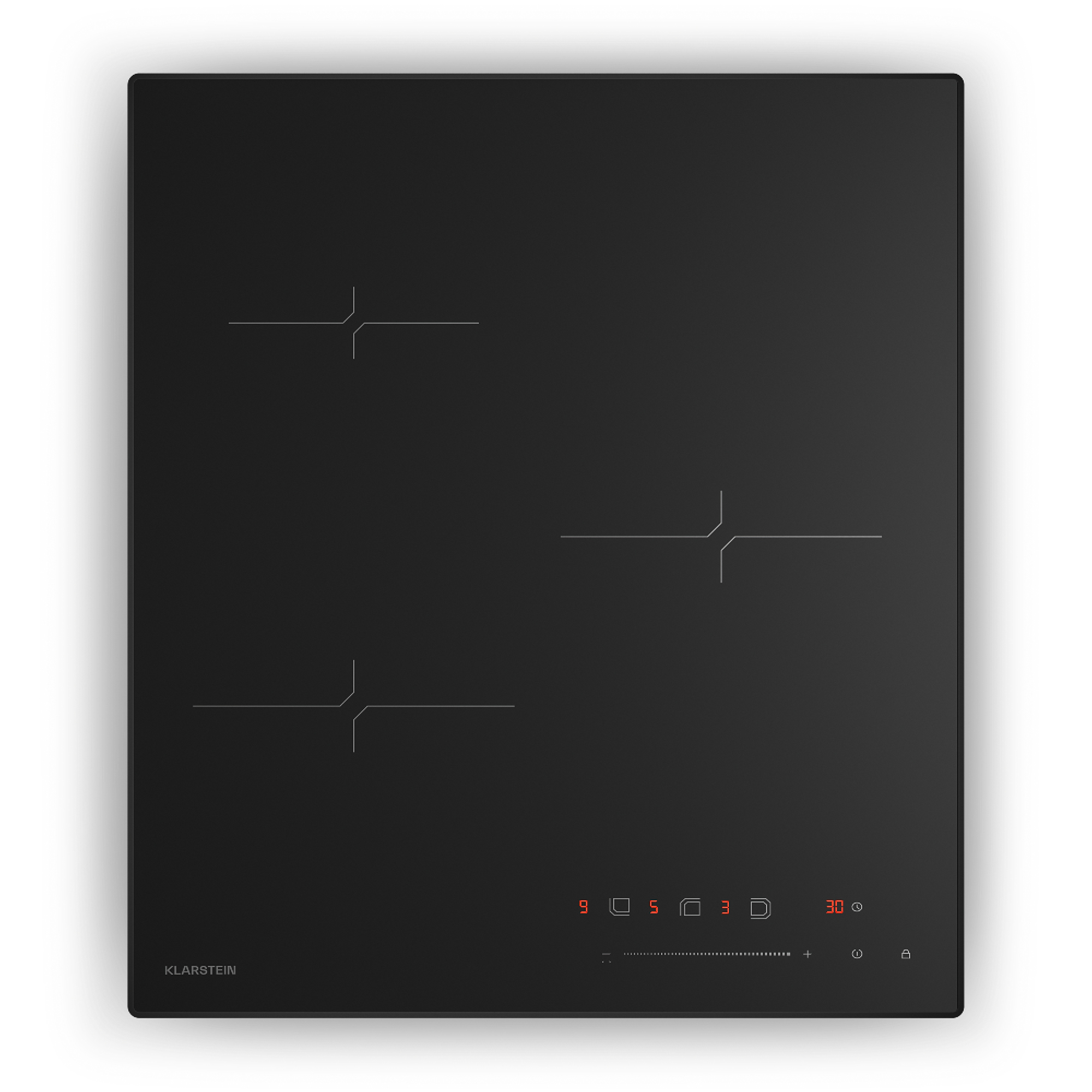 Encimera de inducción negra con cuatro quemadores. Pantalla digital roja muestra números y símbolos. Marca: Klarstein.