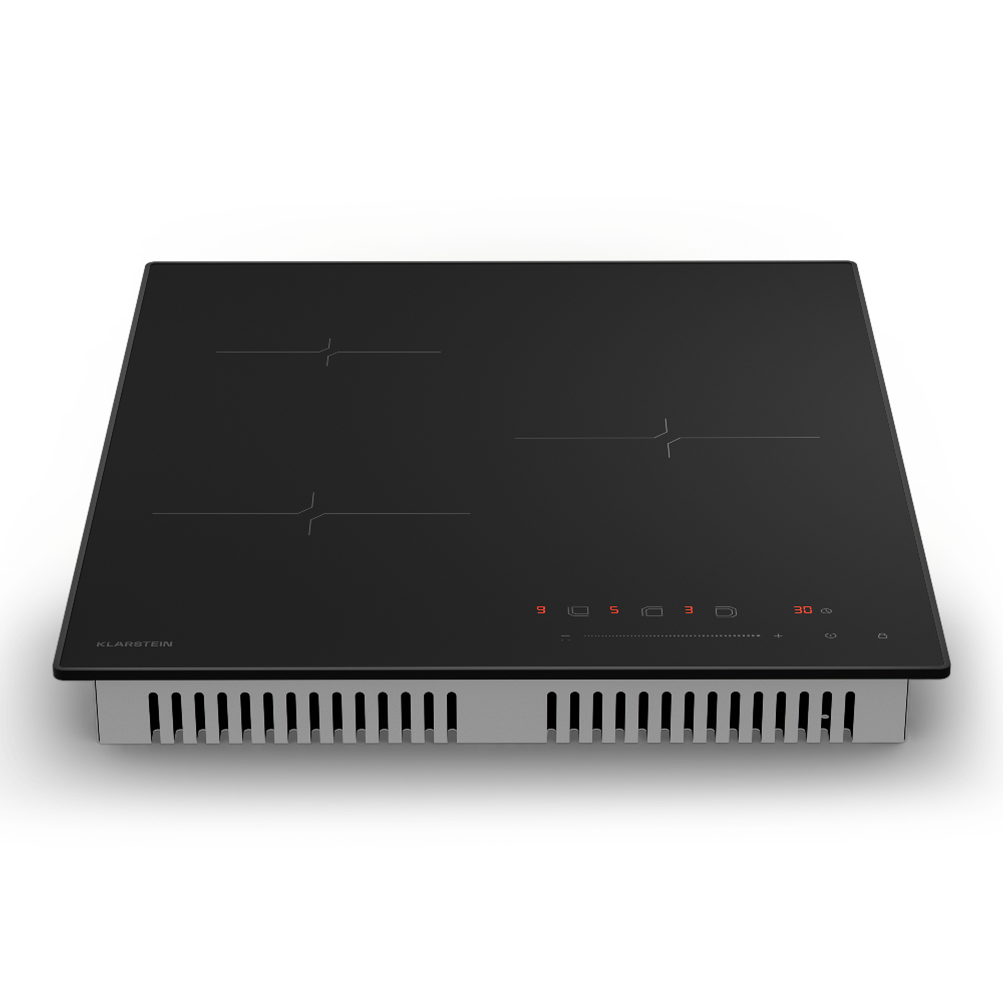 Una placa de inducción negra con cuatro zonas de cocción. Tiene base de acero inoxidable y pantalla digital.