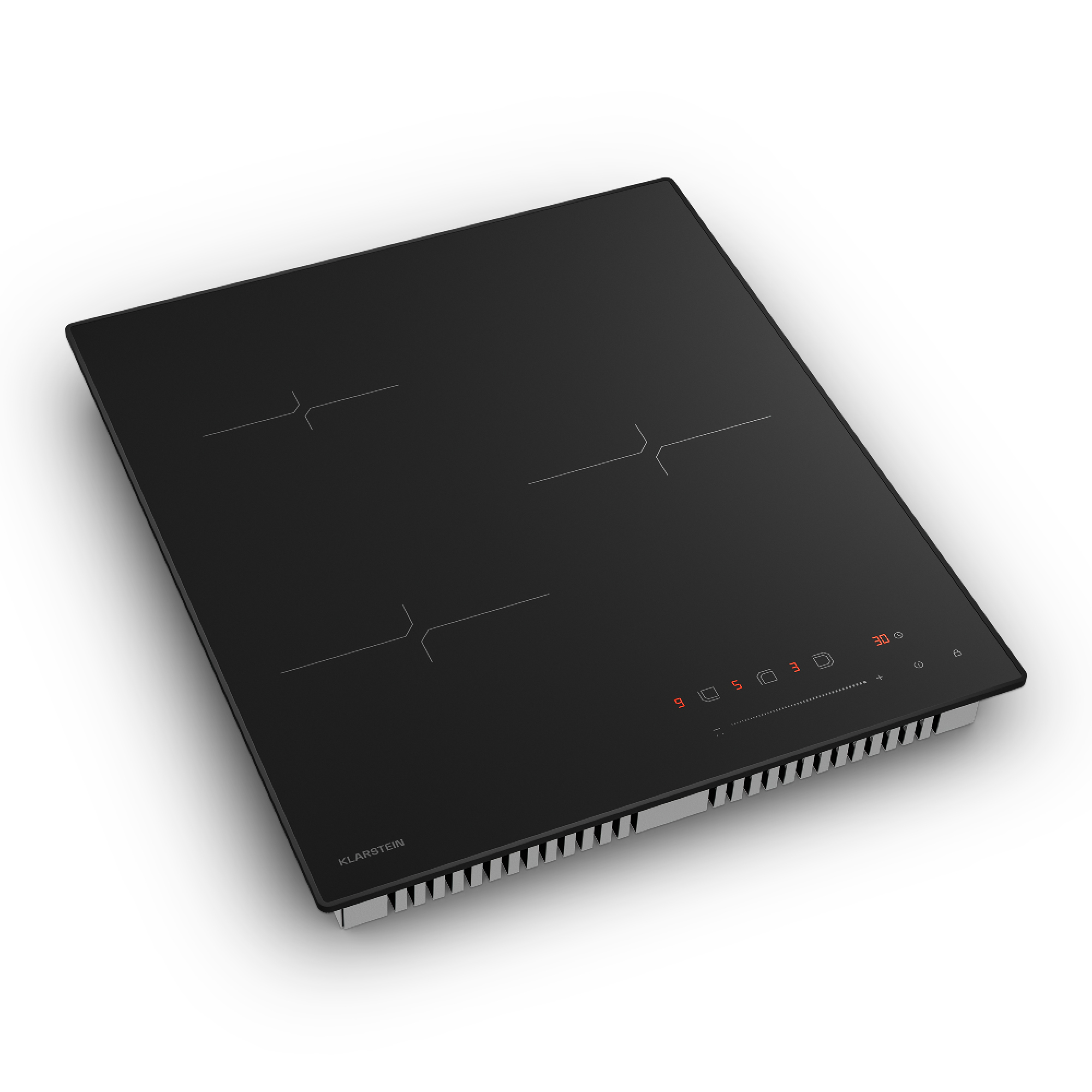 Placa de inducción negra con cuatro quemadores. Tiene pantalla digital y botones de control. La marca es Klarstein.