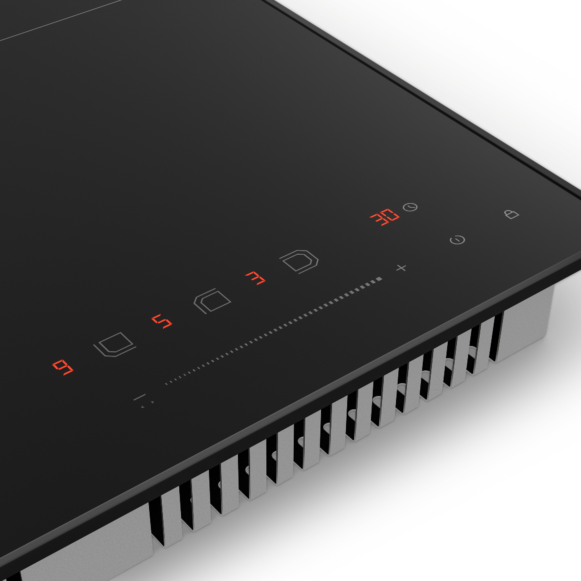 Encimera de inducción negra con pantalla digital roja. Muestra números y símbolos. Ventilación plateada. Fondo blanco.