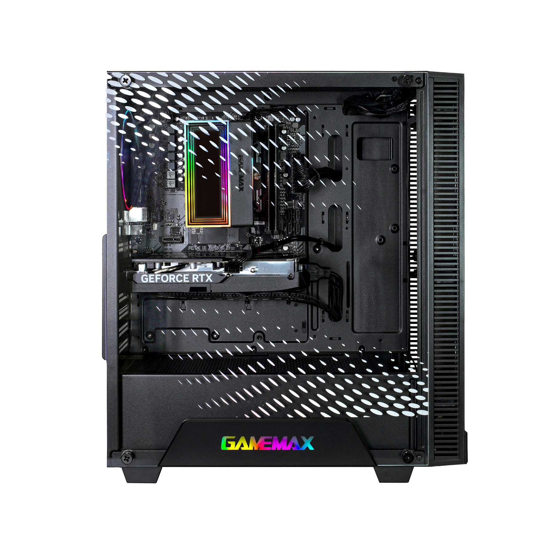 Ein schwarzes Computergehäuse mit einer Glas-Seitenwand. Im Inneren sind Komponenten wie Grafikkarte und Motherboard sichtbar.