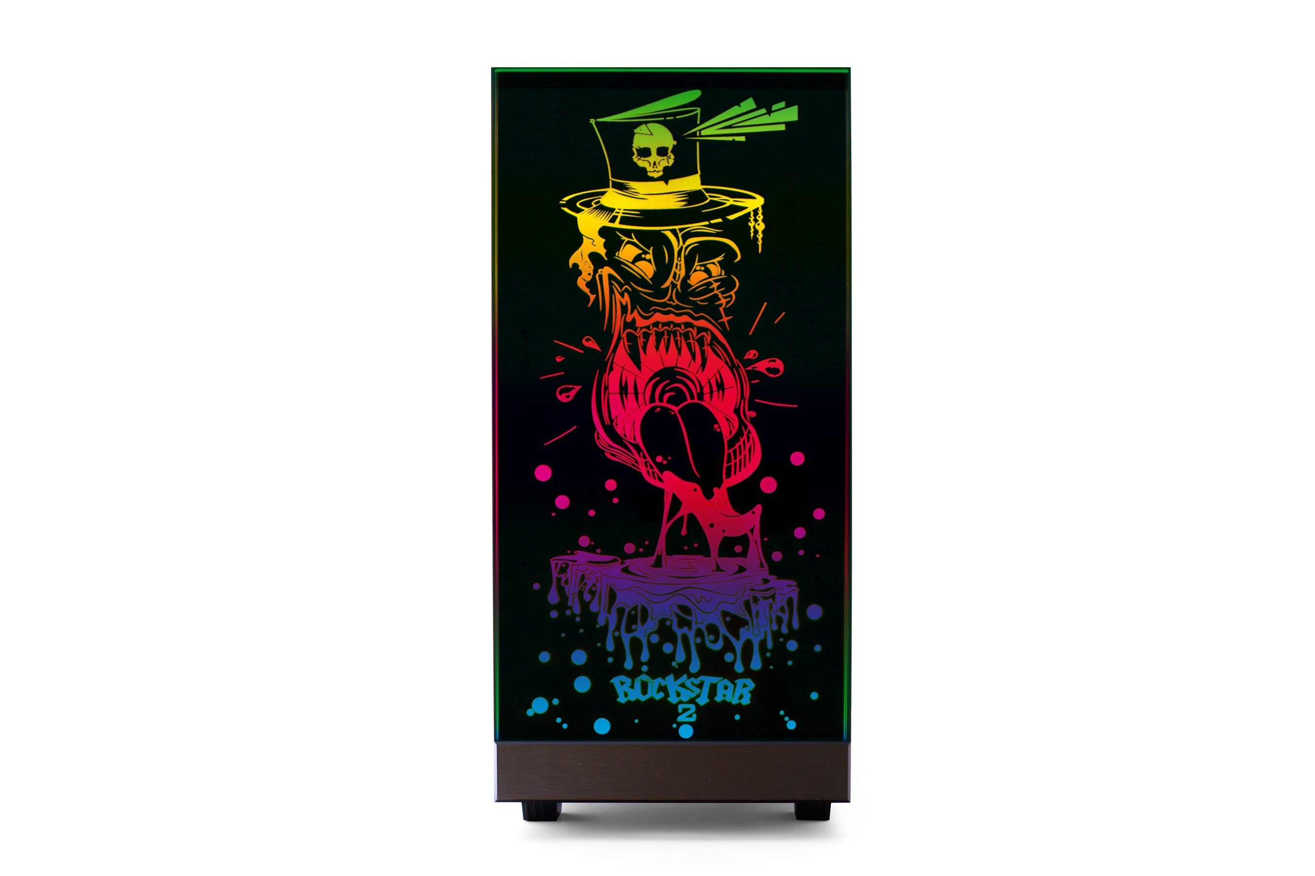 Regenbogenschädel mit Hut auf einem schwarzen Display mit dem Text Rockstar 2 unten.