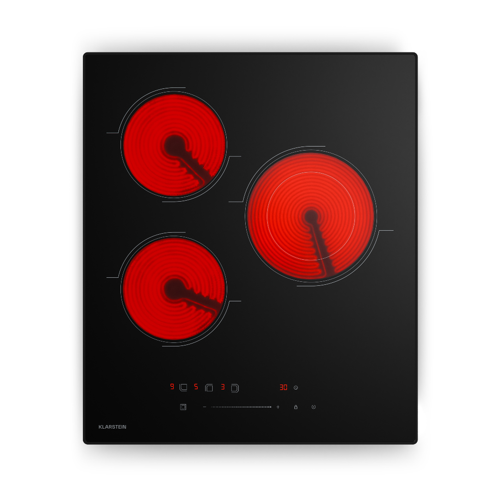 Placa de cocina eléctrica negra con tres placas rojas. Panel de control con pantalla digital y controles táctiles visible.