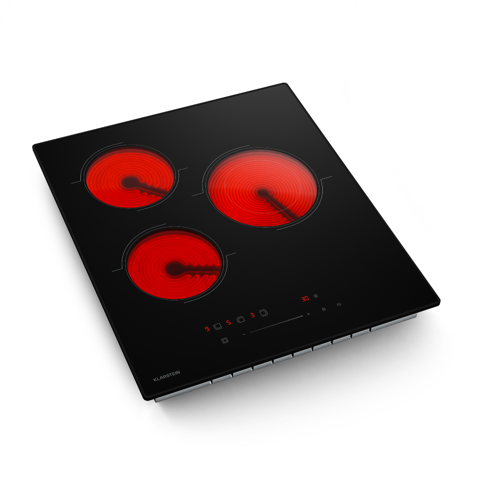 Placa de cocina eléctrica negra con tres elementos calefactores rojos brillantes. Pantalla digital muestra '30'. Botones de control visibles.