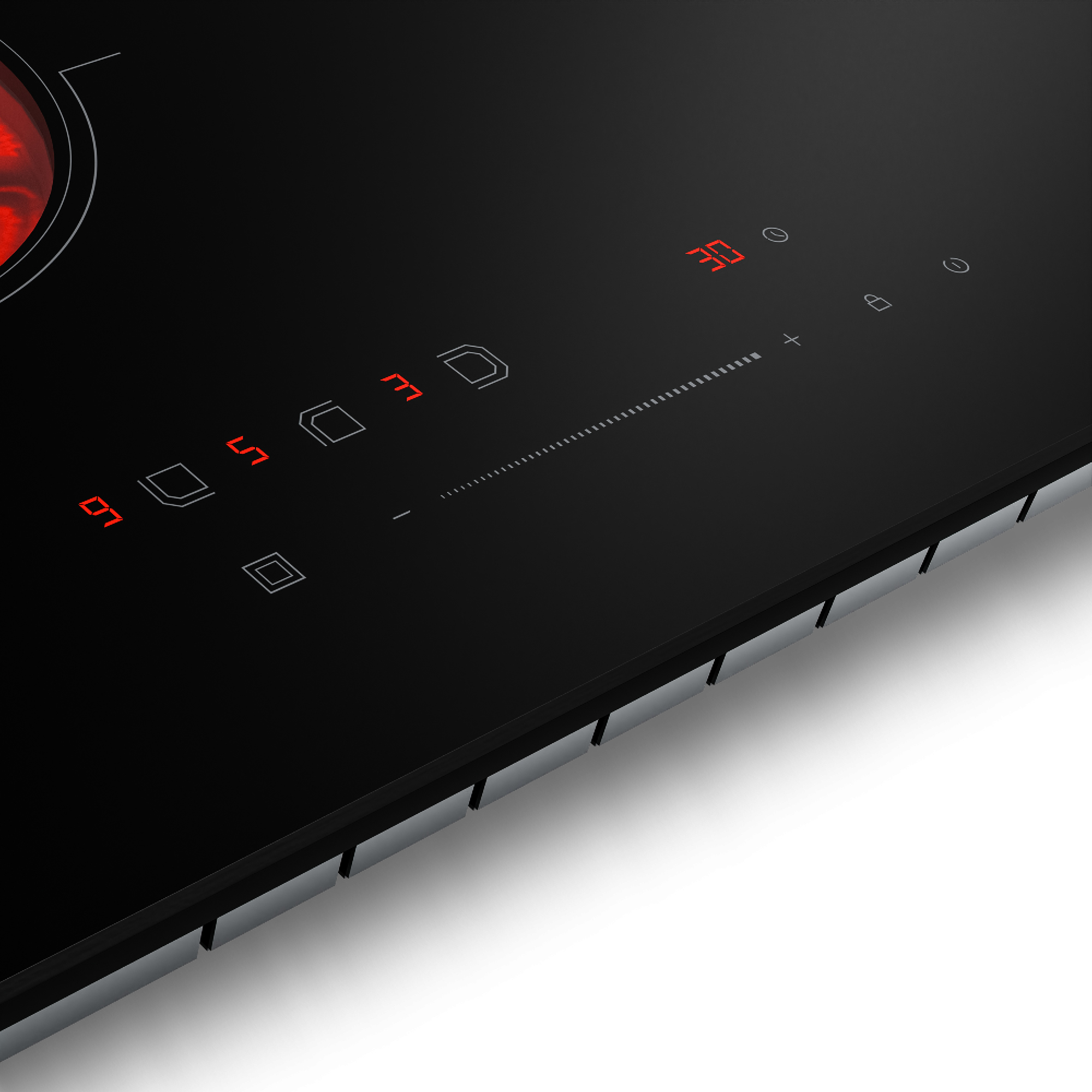 Encimera de cristal negro con pantalla digital roja. Controles táctiles y un elemento calefactor son visibles.