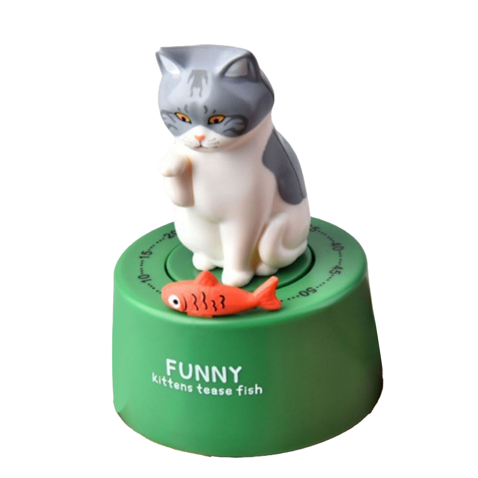 Ein katzenförmiger Timer steht auf einem grünen Sockel mit einem Fisch. Der Timer zeigt Zahlen. Die Katze ist weiß und grau.