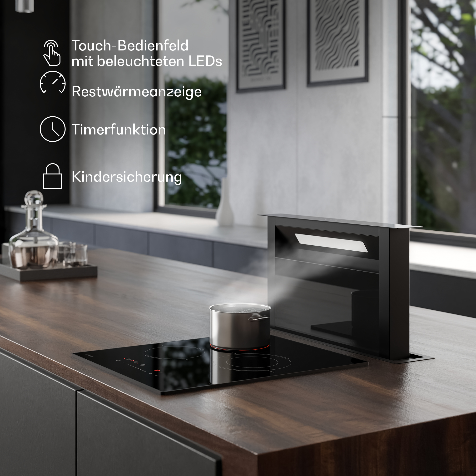 Una escena de cocina con una placa, olla con vapor y campana extractora negra. Incluye controles táctiles y seguridad infantil.