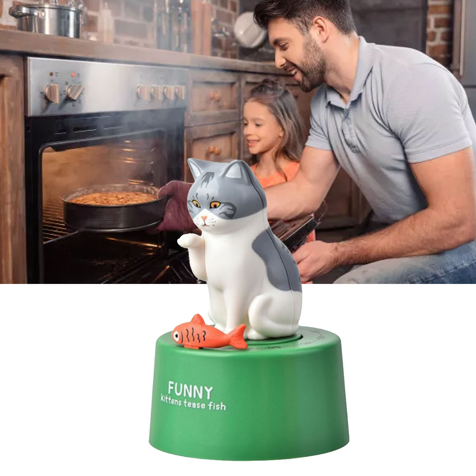 Ein Katzentimer mit Fisch, ein Mann und ein Mädchen nehmen einen Kuchen aus dem Ofen.