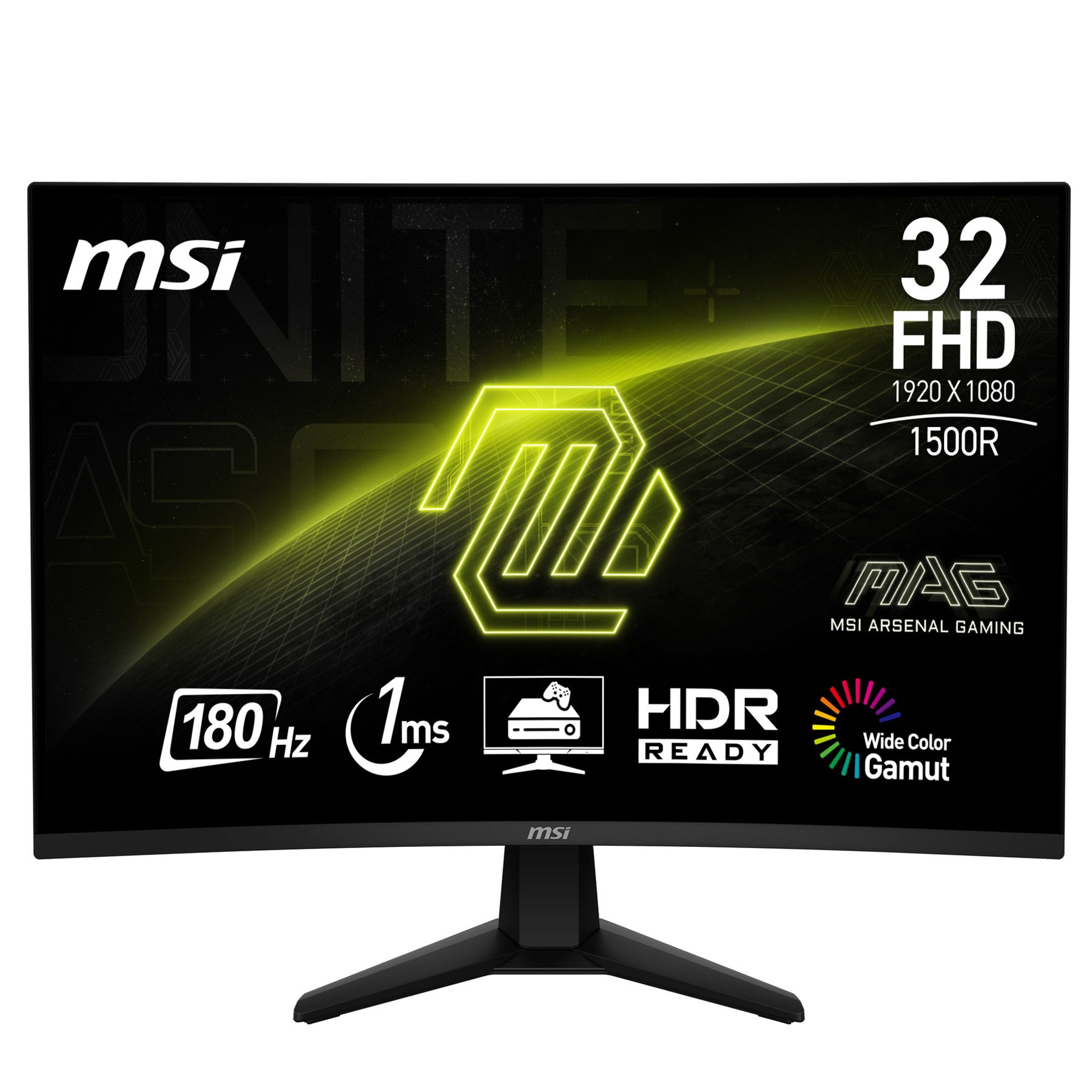 MSI Curved-Gaming-Monitor. Merkmale: 32 Zoll FHD, 180 Hz, 1 ms, HDR und breiter Farbraum. Er hat einen schwarzen Standfuß.