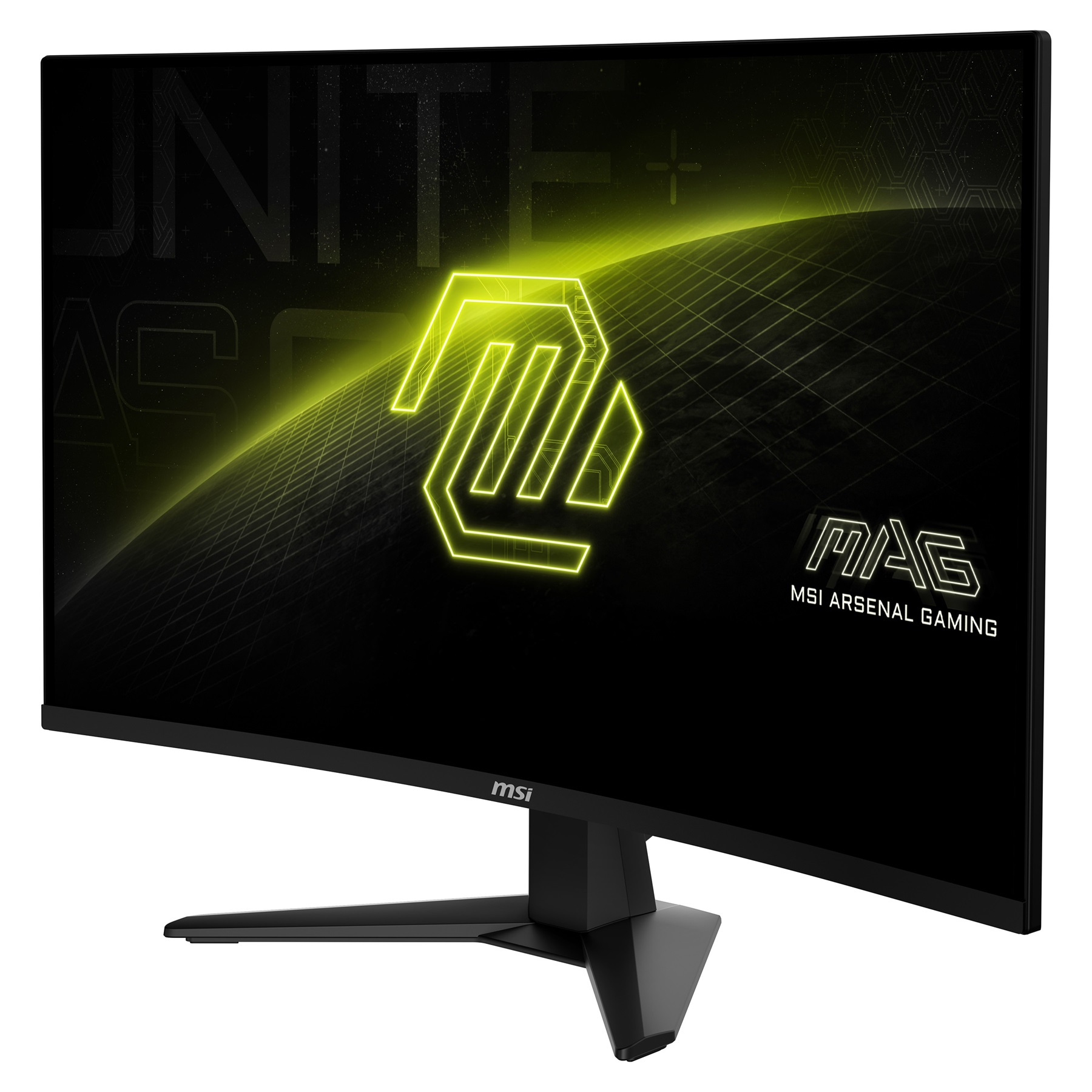 Gebogener MSI-Monitor mit neongrünem Logo. Text lautet 'MAG MSI ARSENAL GAMING'. Schwarzer Ständer und Sockel.