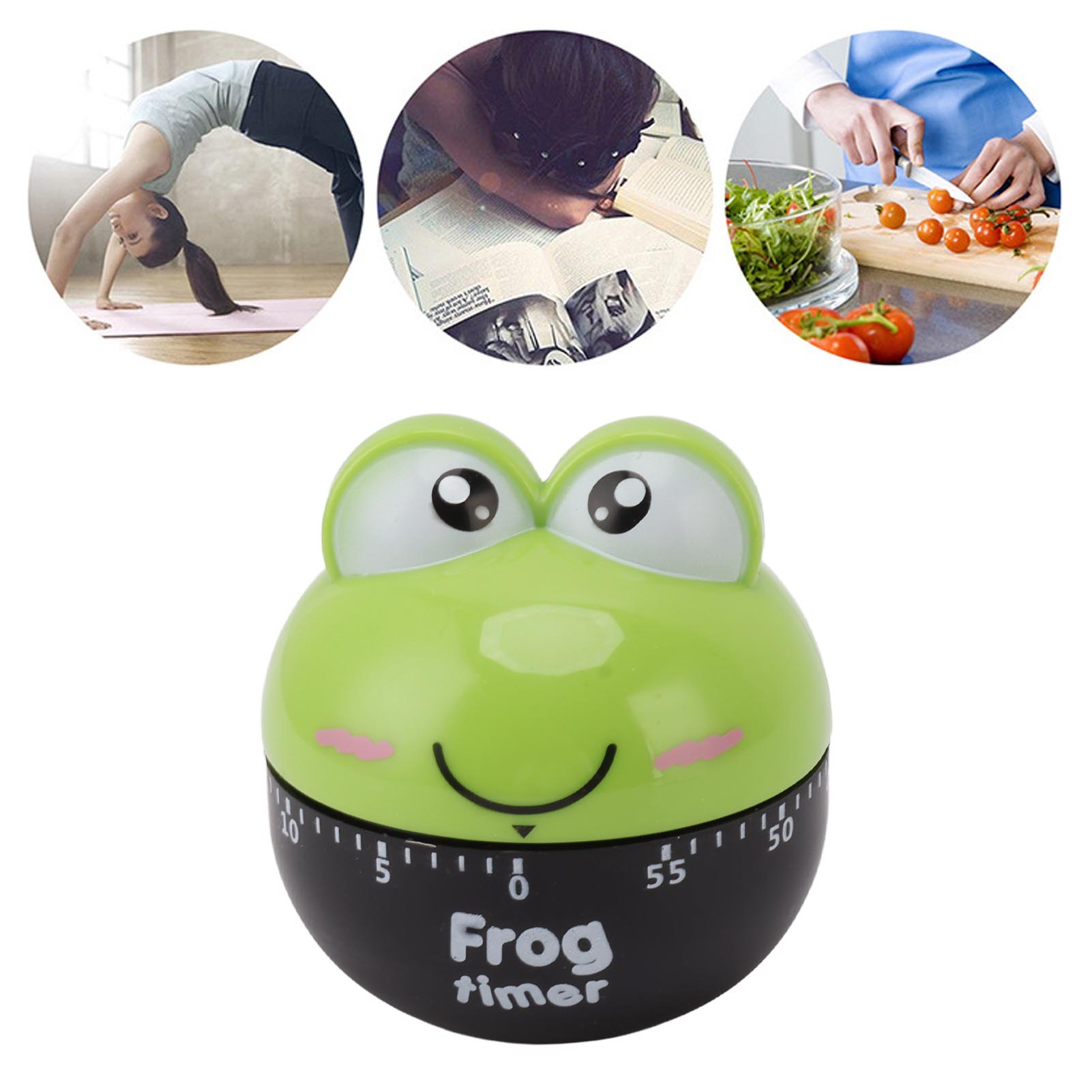 Ein froschförmiger Küchentimer mit grünem Körper und schwarzem Sockel. Drei kreisförmige Bilder zeigen Menschen beim Yoga, Lesen und Kochen.