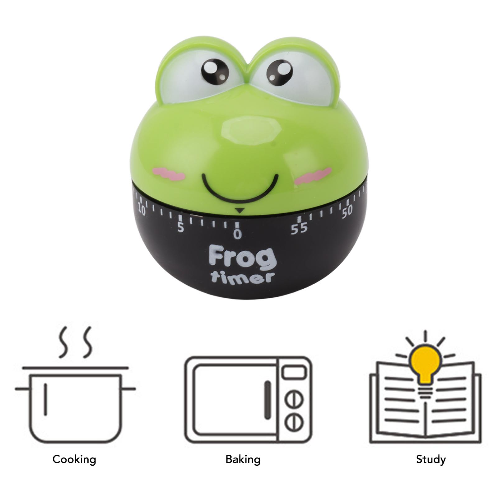 Ein grüner froschförmiger Timer mit schwarzem Sockel. Symbole für Kochen, Backen und Lernen befinden sich darunter.
