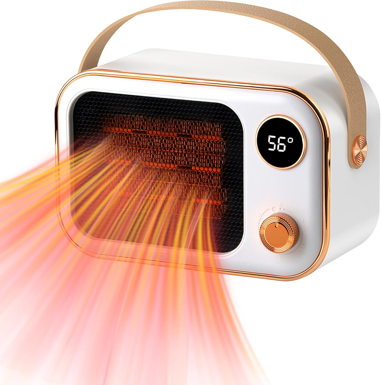 Weiß-goldener Heizlüfter mit Ledergriff. Er zeigt 56 Grad an und gibt orangefarbene Hitzewellen ab.