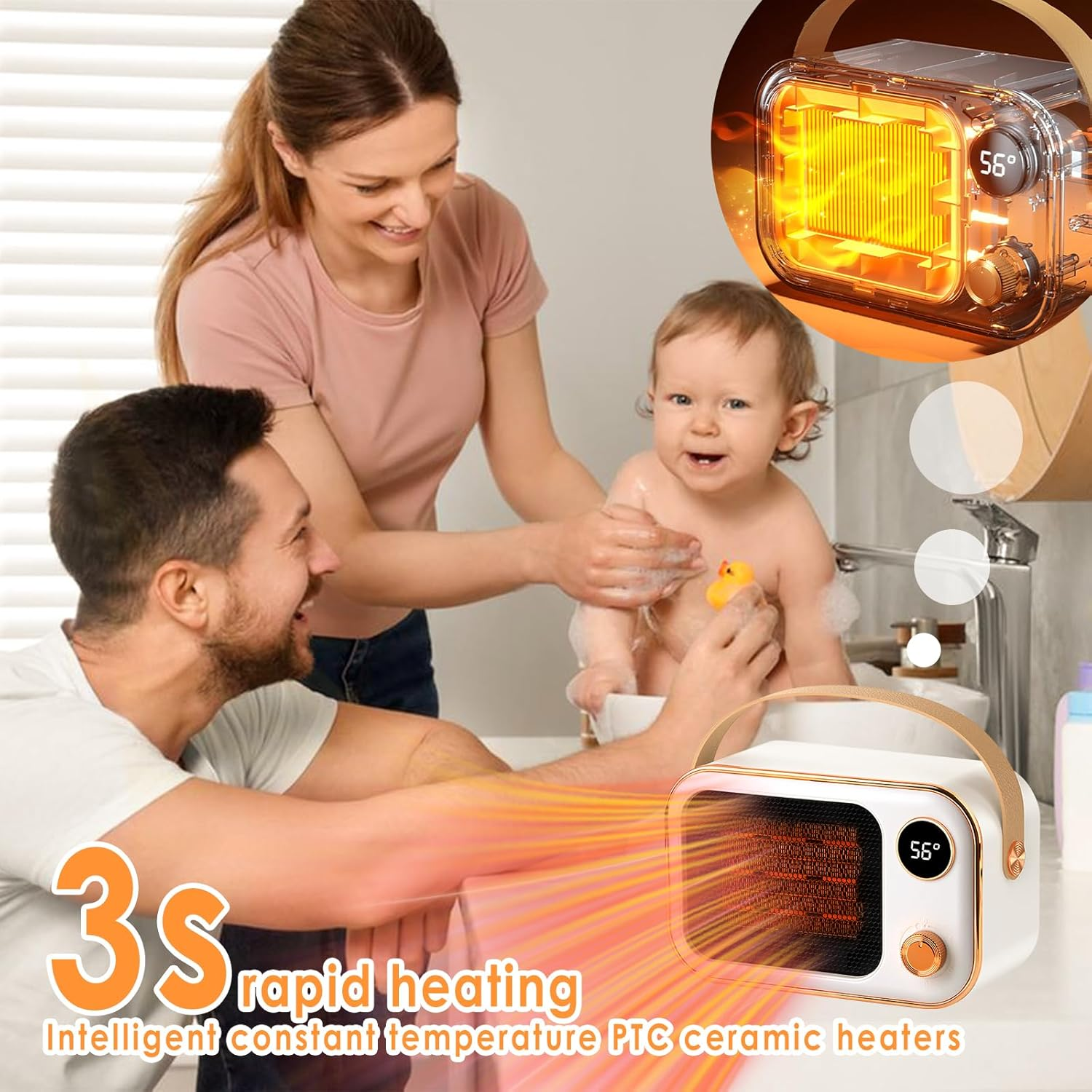 Eine Familie badet ein Baby. Ein Heizgerät befindet sich im Vordergrund. Text lautet: 3s schnelles Heizen Intelligente konstante Temperatur PTC-Keramikheizungen.